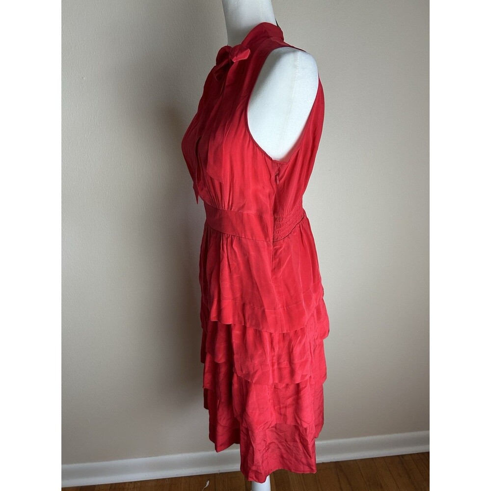 Girl From Savoy 6 S 100% Silk Dress Oska Red Ruffle Tie Neck Pinup Retro Boho - Picture 3 of 6